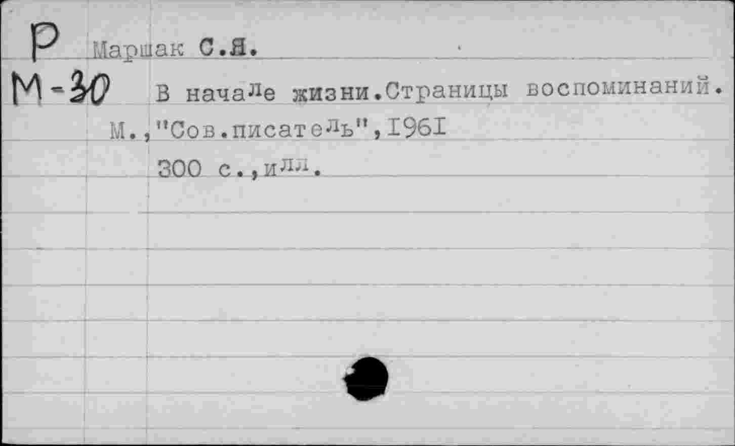 ﻿р	Маршак С.Я.	
М-^7		В начале жизни.Страницы воспоминаний.
М.,"Сов.писатель”,1961		
	300 с..илл.	
		
		
		
		
		
		
		
		